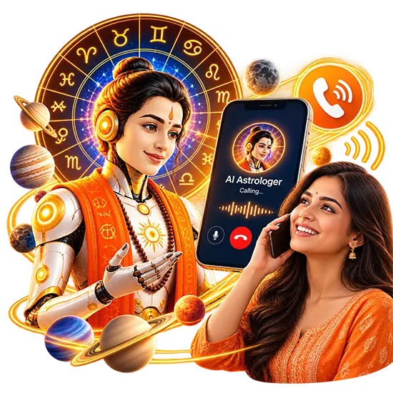 An AI astrologer speaking over a call while a birth chart turns — talk to an AI astrologer
