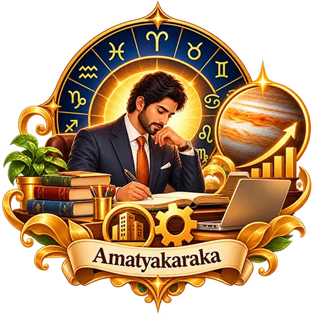 Amatyakaraka illustration: a minister's seal and scroll beside a birth chart
