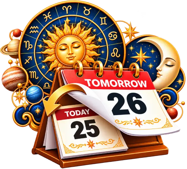 A calendar turning to tomorrow beside the zodiac wheel — tomorrow's horoscope