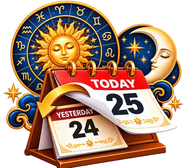 A calendar page turned back beside the zodiac wheel — yesterday's horoscope