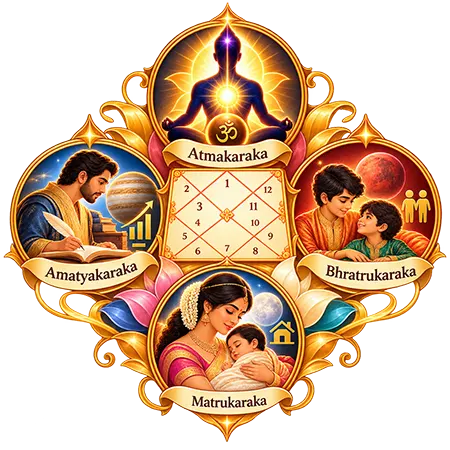 Jaimini chara karakas: the planets ranked by degree, from the Atmakaraka to the Darakaraka