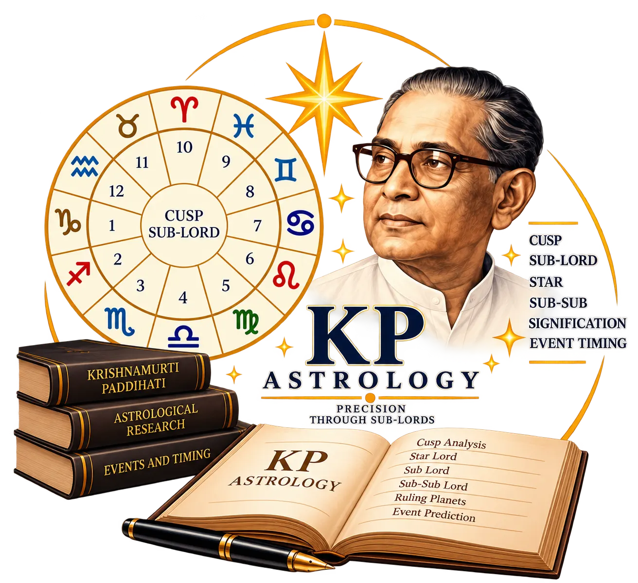 KP astrology study desk — a hand-drawn horoscope chart, a sub lord table and the readers Krishnamurti Paddhati is worked from