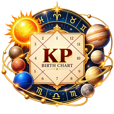 KP birth chart illustration: Placidus cusps with the star lord and sub lord of each house