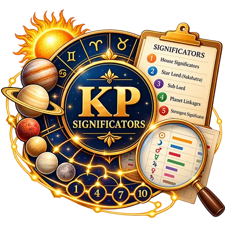 KP significators illustration: each house linked to the planets that signify it, graded from strongest to weakest