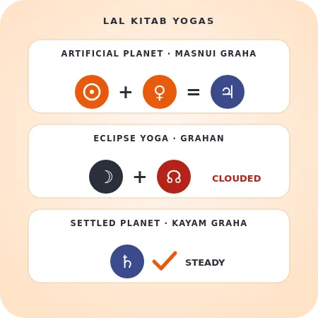 Three Lal Kitab yogas: the Sun and Venus making an artificial Jupiter, the Moon clouded by Rahu in an eclipse yoga, and a steady settled Saturn
