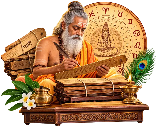 Nadi astrology illustration: a planet linked to its star lord and sub lord, each showing the houses it brings alive